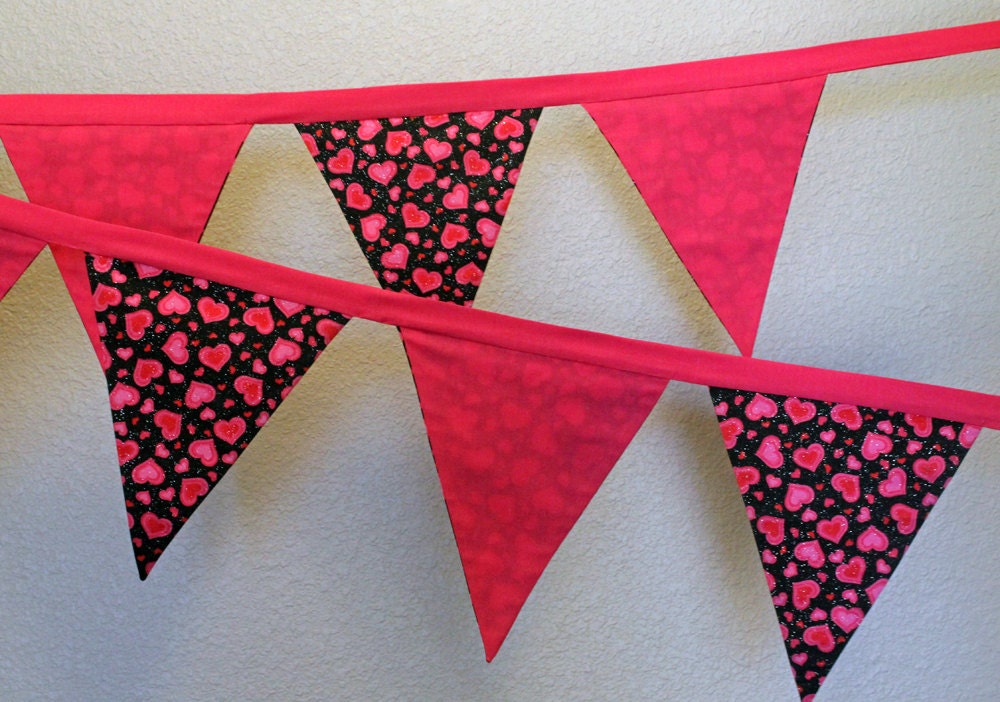 Hearts Wedding Love Fabric Banner Fuschia Pink and Red Hearts, Black with Silver Metallic Sprinkles Fabric