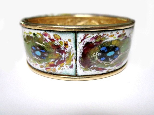 Vintage Enameled Peacock Clamper Hinged Bracelet