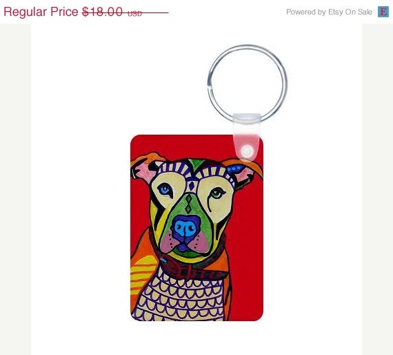 50%  OFF SALE - Dog Pitbull Keychain - Heather Galler Pit bull Key Chain Pet Angel Memorial Animal Unique Gifts Modern Abstract Art Blue Po