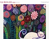 50%  OFF SALE - 11x14 PRINT - Sleeping White Cat Folk art poster of painting