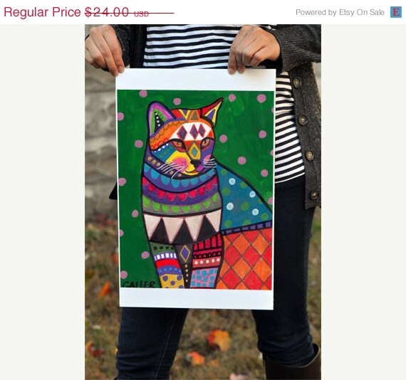 50% OFF SALE - Cat Art - Cat Art - FOLK Art Cat print Ginger Orange Cat - Wedding Gifts