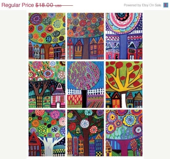 50%  OFF SALE - Landscape Art - ACEO Print Set Landscapes Trees Folk Art - Wedding Gifts
