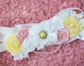 Maternity Sash - Vintage Inspired Baby Girl Pink Yellow Lace Pearls