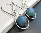 Sapphire Banded Agate Gemstone Earrings, Sterling Silver Circle Earrings, Teal, Blue,Aqua Agate Dangles. Silver Hoops.