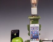 Table lamp docking station for ANY iPhone or iPod. 476. Shabby Chic. Cottage Rustic Green. DockLamp. Edison bulb.