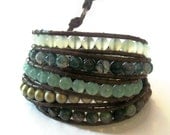 Green Five Time Leather Wrap Bracelet, Mixed Green Wrap Bracelet, Chan Luu Style Beaded Wrap, Five Time Wrap Bracelet