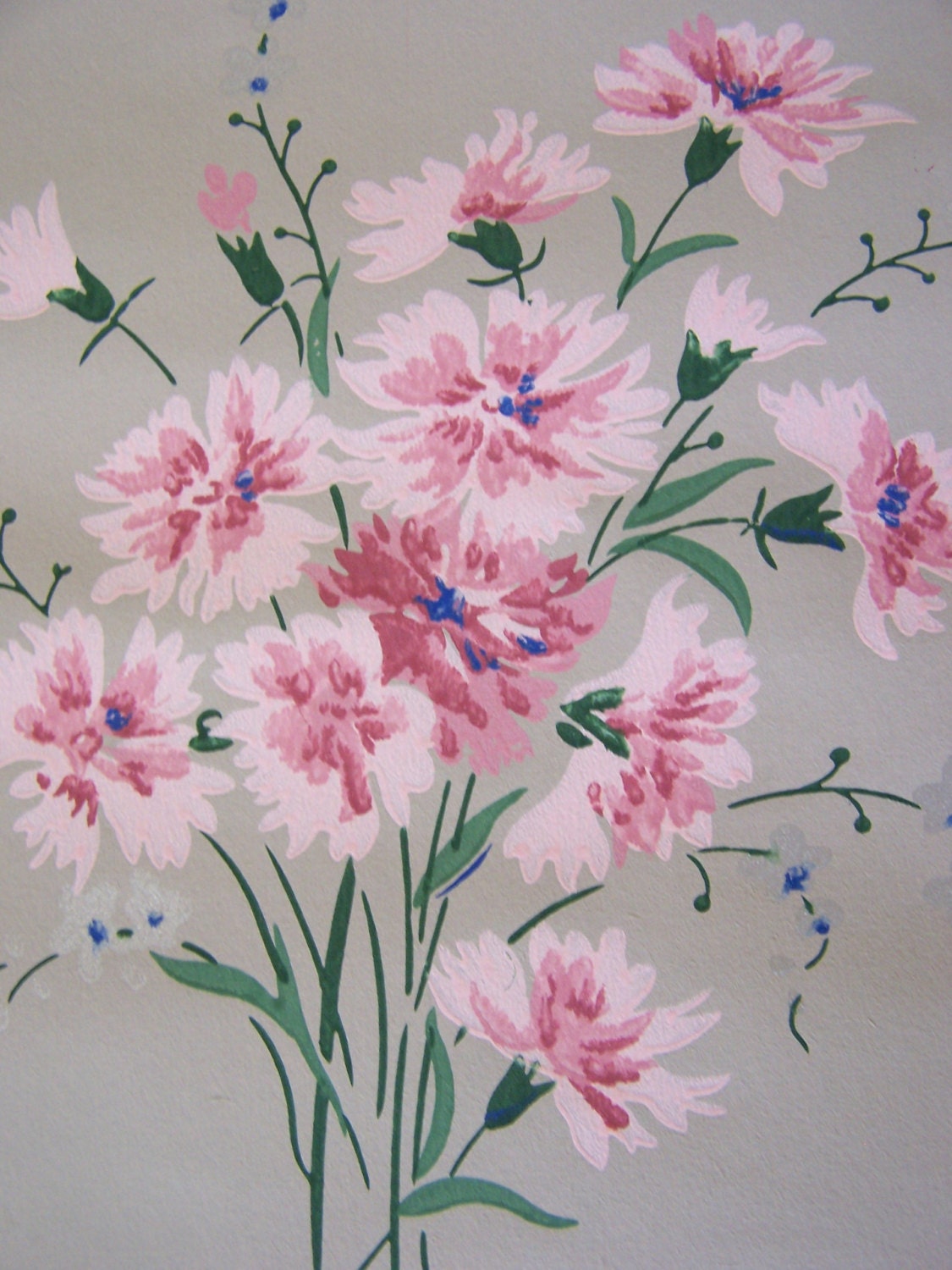 1 YARD Vintage Wallpaper c1940s gorgeous Pink mini Carnations silver gilded wallpaper on soft grey background Shabby Cottage Chic Hat Boxes