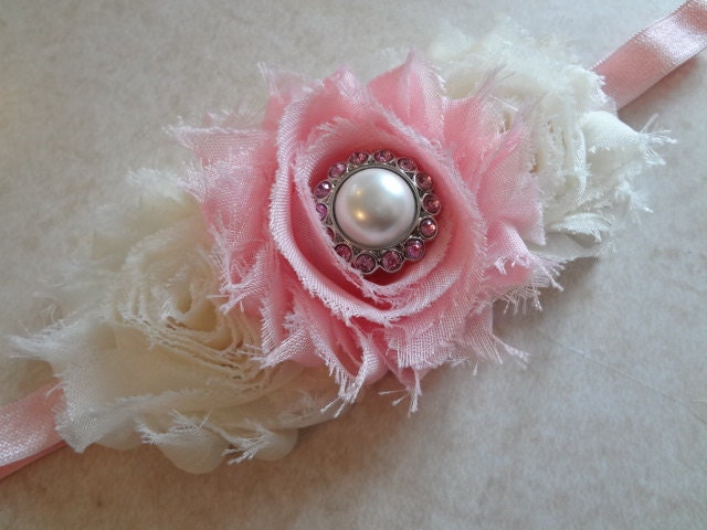 Baby Headband. Ivory & Pink Shabby Chic Flower Headband, Baby Hair Accessories, Girl Hair Accessories. Pink and Ivory Flower Headband