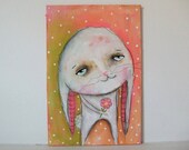 whimsical painting folk painting whimsical art painting bunny original spring painting 10x15cms - Spring Bunny