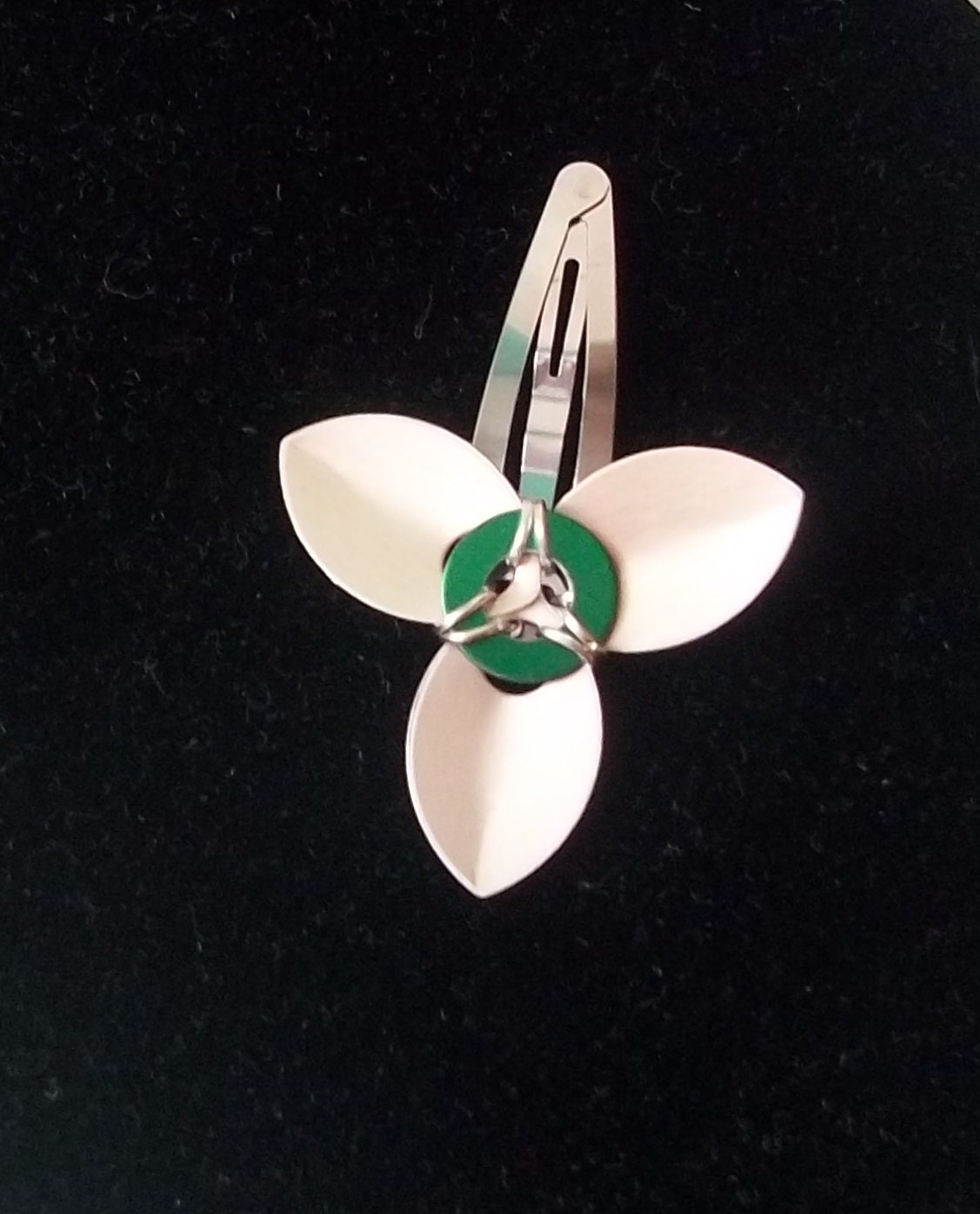 Trillium Hair Clip.  Silvery-Gold and Green.