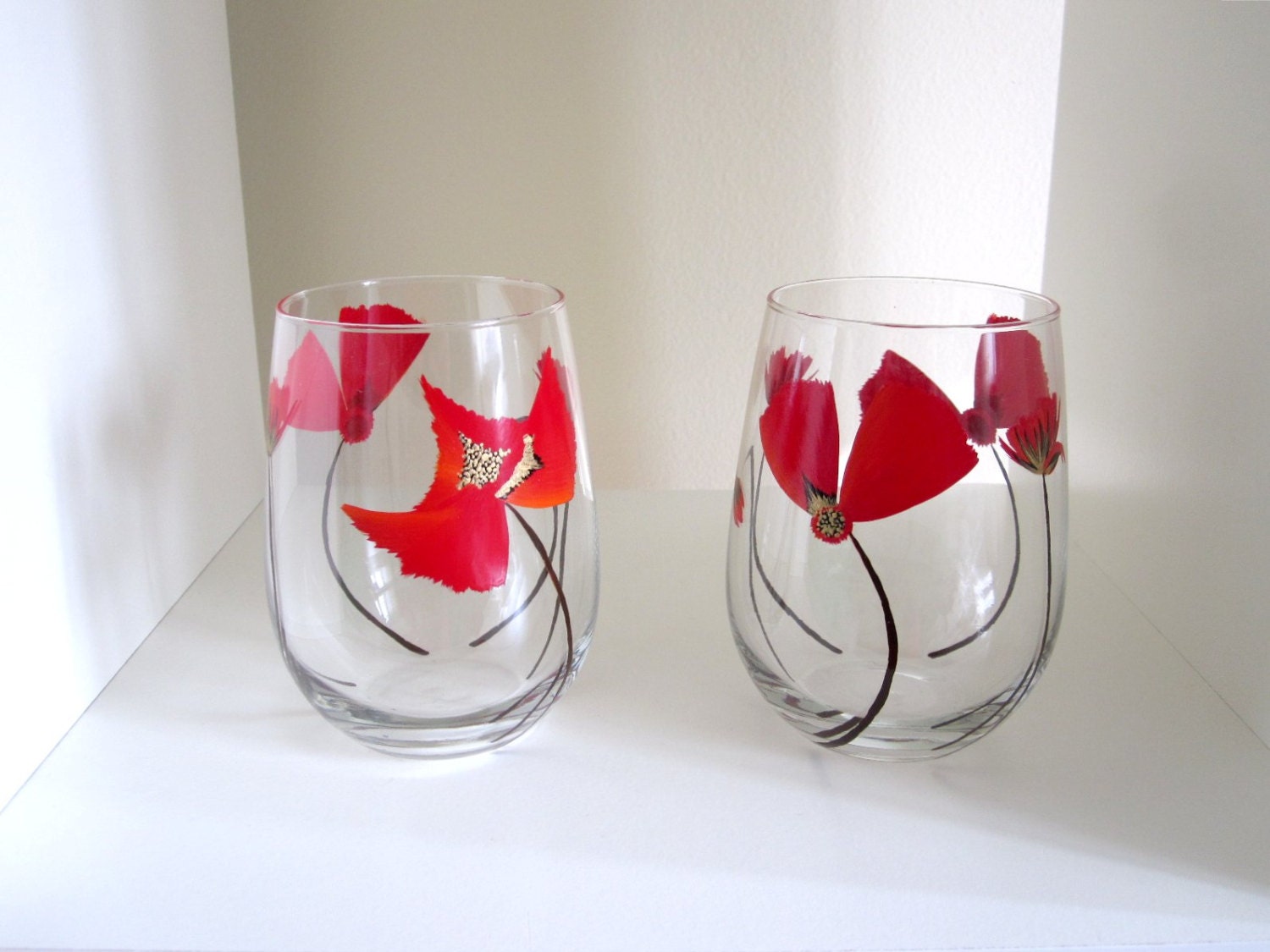 2 Red Poppy Wine Glasses- Glassware Set