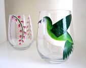 Green Hummingbird with Flowers Glassware- 2 Hand Painted Wine Glasses