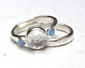 Set Engagement Ring and wedding band -Topaz stone and opal - Recycled fine silver sterling ring Similar  diamond stone