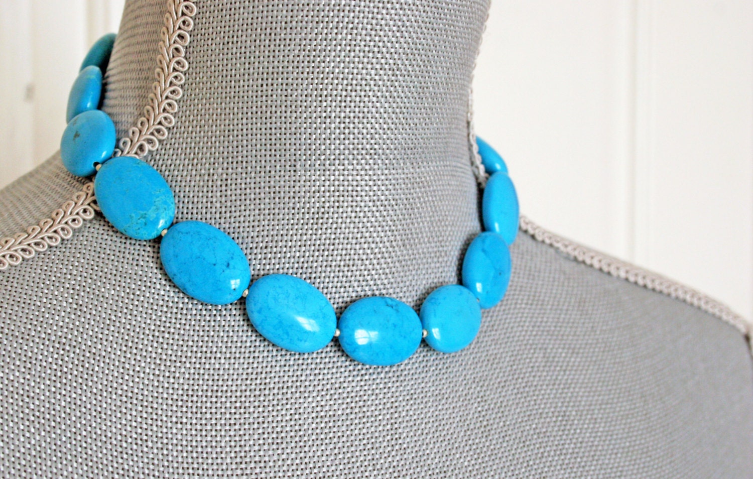 TURQUOISE Necklace stone blue silver christmas western metal boho teal birthday for her big large beaded beadwork stone oval strand