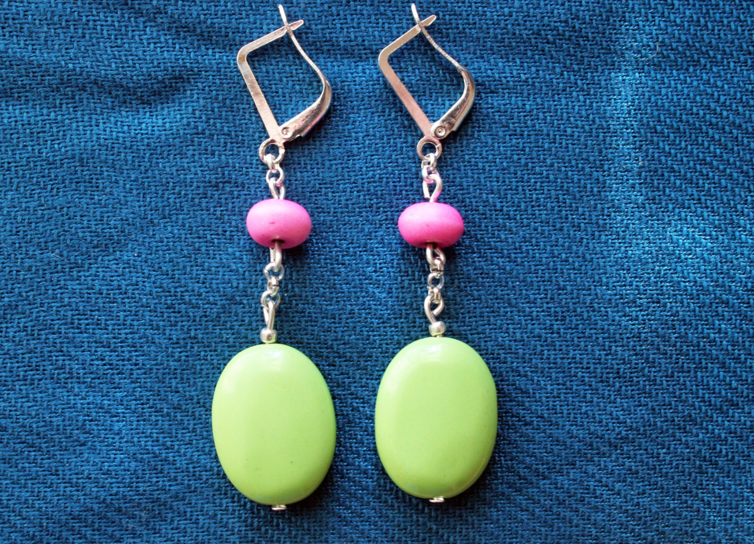 TURQUOISE earrings stone silver plated boho neon green pink for her delicate minimalist dangle drop french hook bright beach valentines