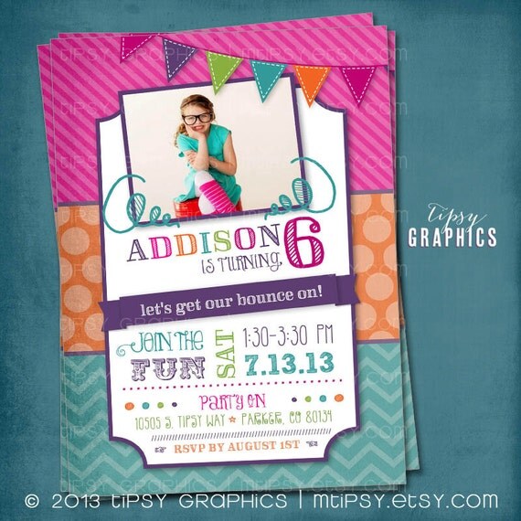 Fun & Colorful Craft Art Bounce House Birthday Party Photo invitation by Tipsy Graphics. Any text. Il_570xn
