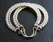 Handmade seed bead hoops, medium size, pink Toho seed beads, 14k gold filled, iridescent, wire wrapped, Mimi Michele Jewelry