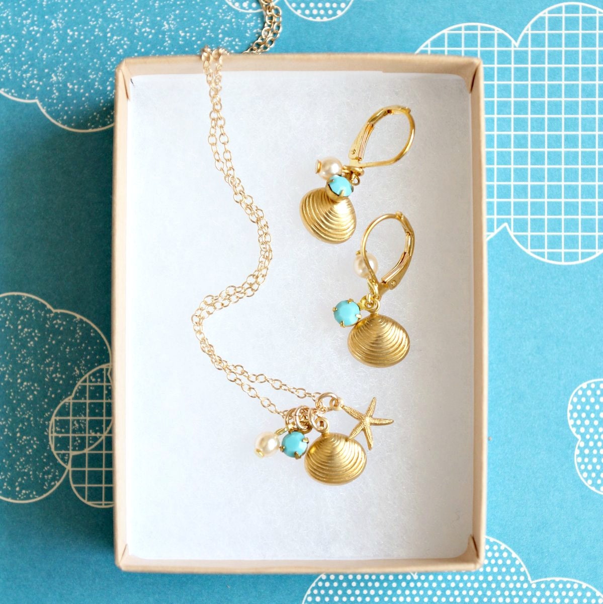 Little Golden Seashell Charm Necklace and Earrings SET