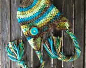Shades of Blue, Green, Brown Hat, Earflap and Braids, Ready to Ship, Fits 2 to 4 yrs, Crochet Boy Hat, Chunky, Photo Prop, OOAK