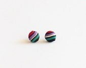 Hazel - upcycled vintage womens blouse - Covered Button Earrings - stripes - 80s blouse - pink - navy - purple