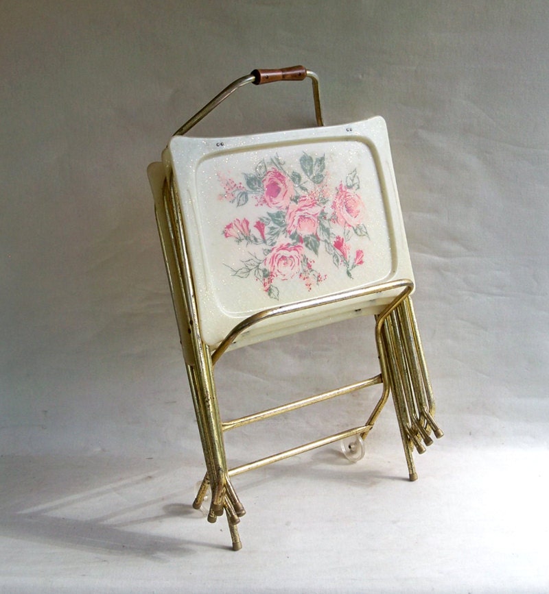 Mid Century Fiberglass TV Trays with Original Storage Cart "La Vada Floral Print"