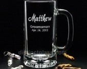 Set of 7 Groomsman Gifts - 7 'Matthew Script' WEDDING BEER MUGS - Custom Etched Beer Mugs, Father of the Bride / Groom, Jr. Groomsmen - 16oz