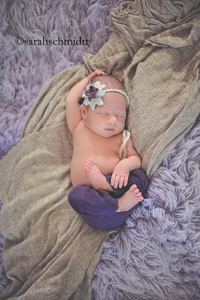 Purple flower taupe lace tie back headband