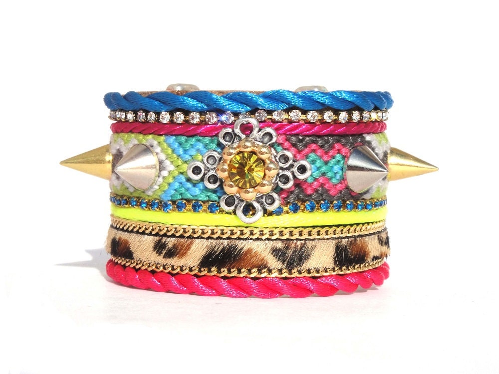As seen in VIVA magazine - Neon friendship bracelet spike cuff - boho chic cuff bracelet - bohemian hippie jewelry - neon bracelet