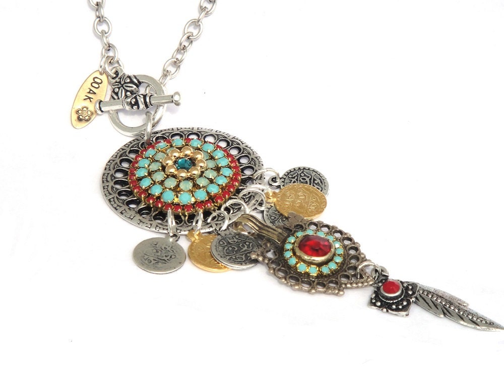 Repurposed vintage kuchi pendant necklace - long necklace - boho chic hippie style - ethnic necklace - ethnic jewelry - coin necklace