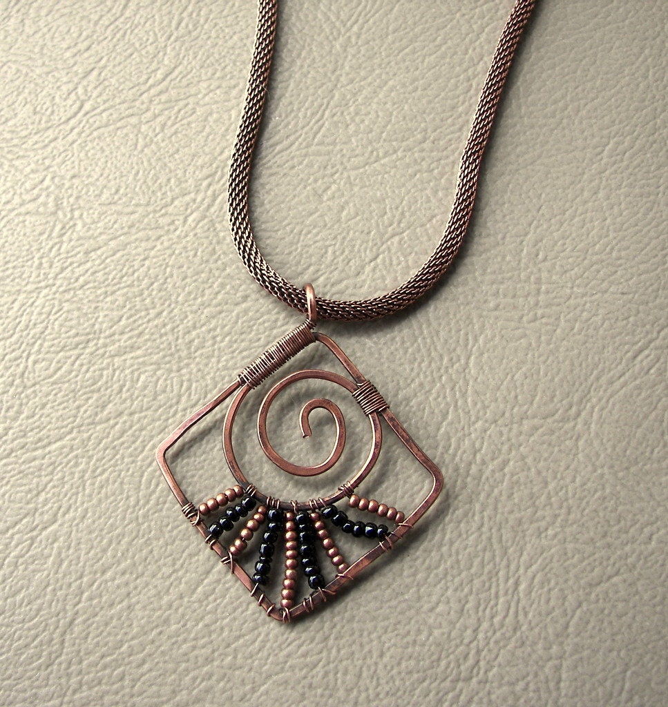 Freeform Copper and Bead Swirl Pendant Necklace