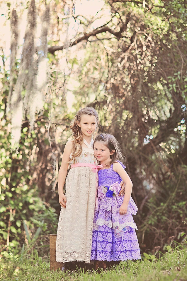 Flower Girl Maxi Dress-Vintage print cotton and long lace layer- Custom