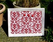 Vintage Framed Magnet Board with a rustic chippy painted finish and cranberry and white damask fabric