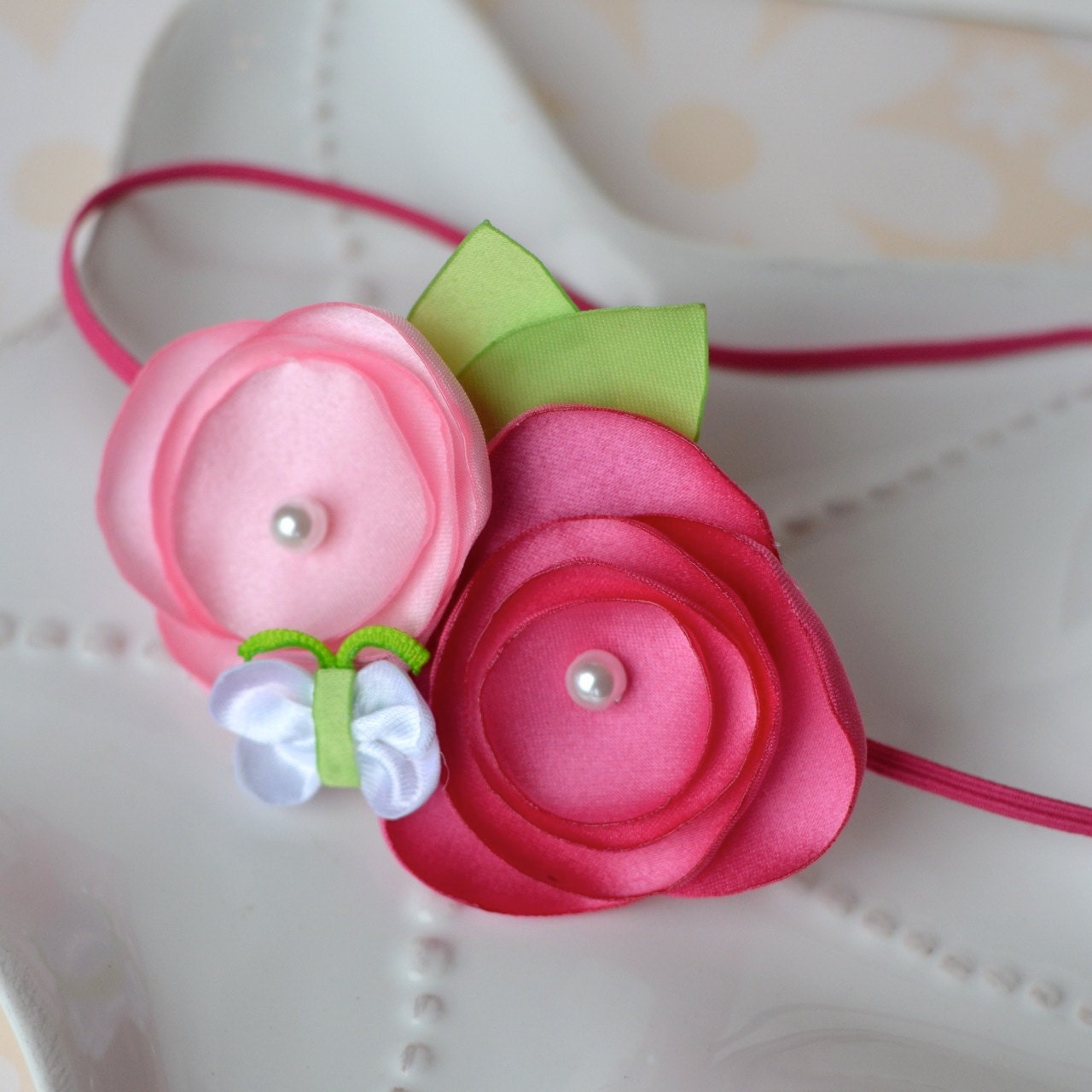 Bright Pink and Green Spring Flower Headband with Whimsical Butterfly- Strawberry Pink