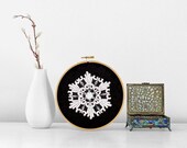 White Lace and Hand-Embroidered Details on Black, 6 Inch Embroidery Hoop Art Mandala