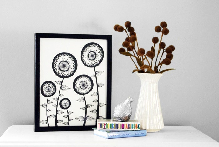 Original Ink Drawing, Black and White Original Illustration, Abstract Circle Flowers Archival Ink Pen Line Illustration, Size 11x14 Inches