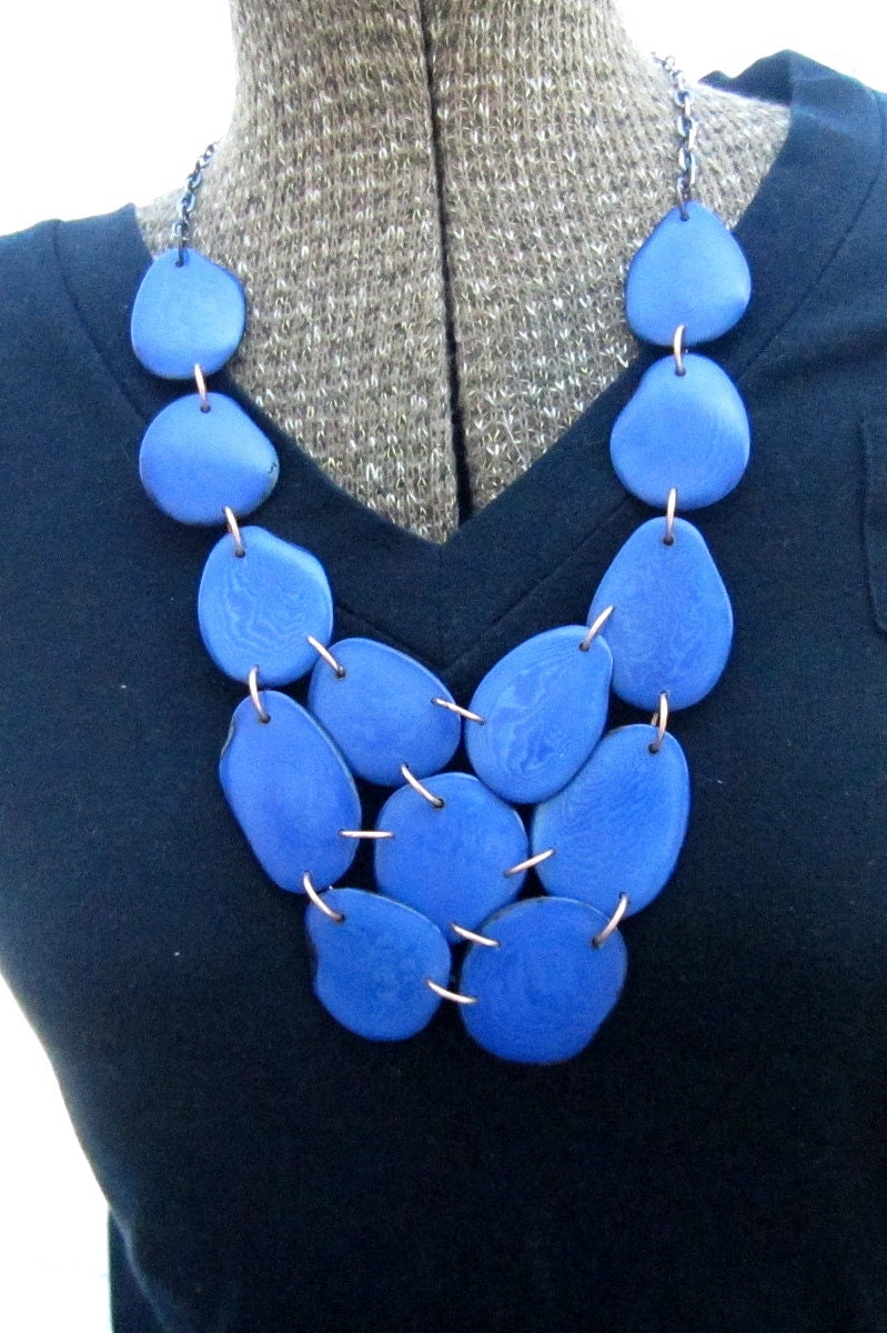 BLUE Tagua Nut Necklace - BIG Bold STATEMENT - Royal Blue - eco-friendly - vegetable ivory - Charity