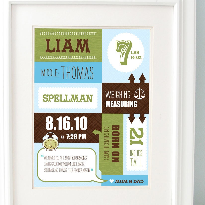 Personalized Nursery Art Baby Boy Custom Baby Birth Announcement Print Green Blue Brown 8 x10