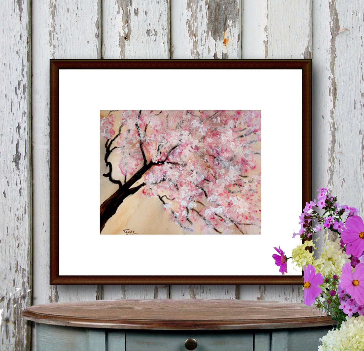 Watercolor Print Pink Cherry Blossoms Cherry Tree Abstract Art Nature 8 x 10 reproduction of my original watercolor painting matted to 11x14