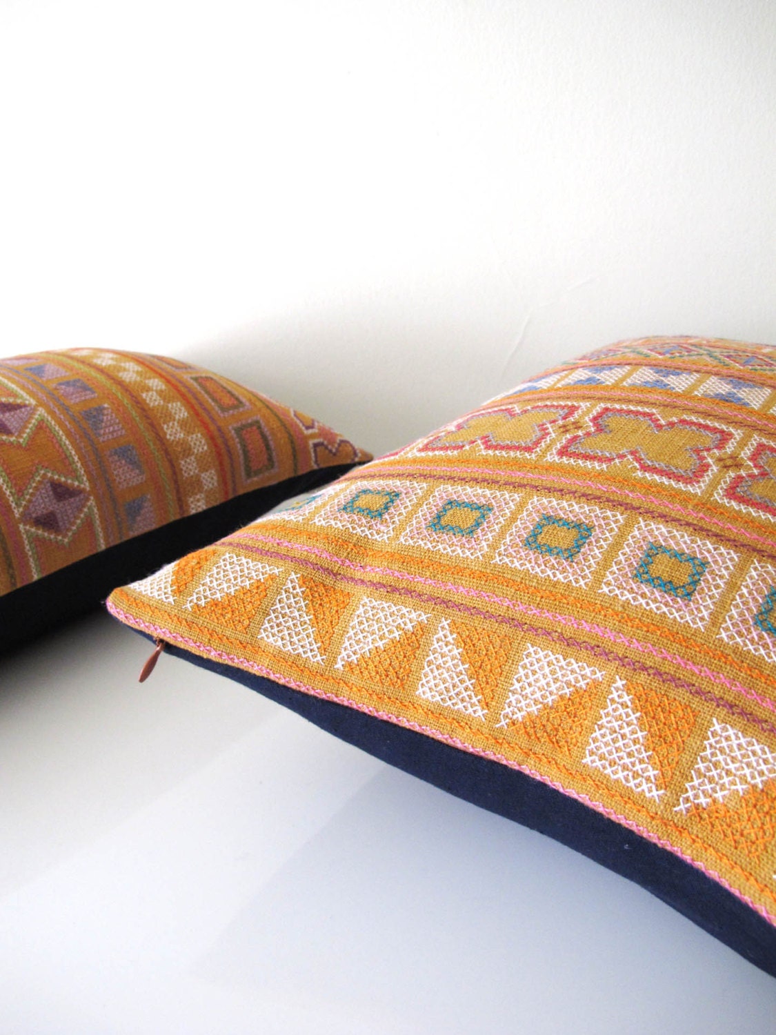 Beige Lanna Hmong tribal cotton pillow cover by