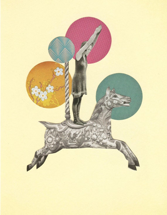 Runaway Horse - Circus art, surreal collage, carousel horse, female figure, nursery decor, pastel colors 8x10 Giclee print