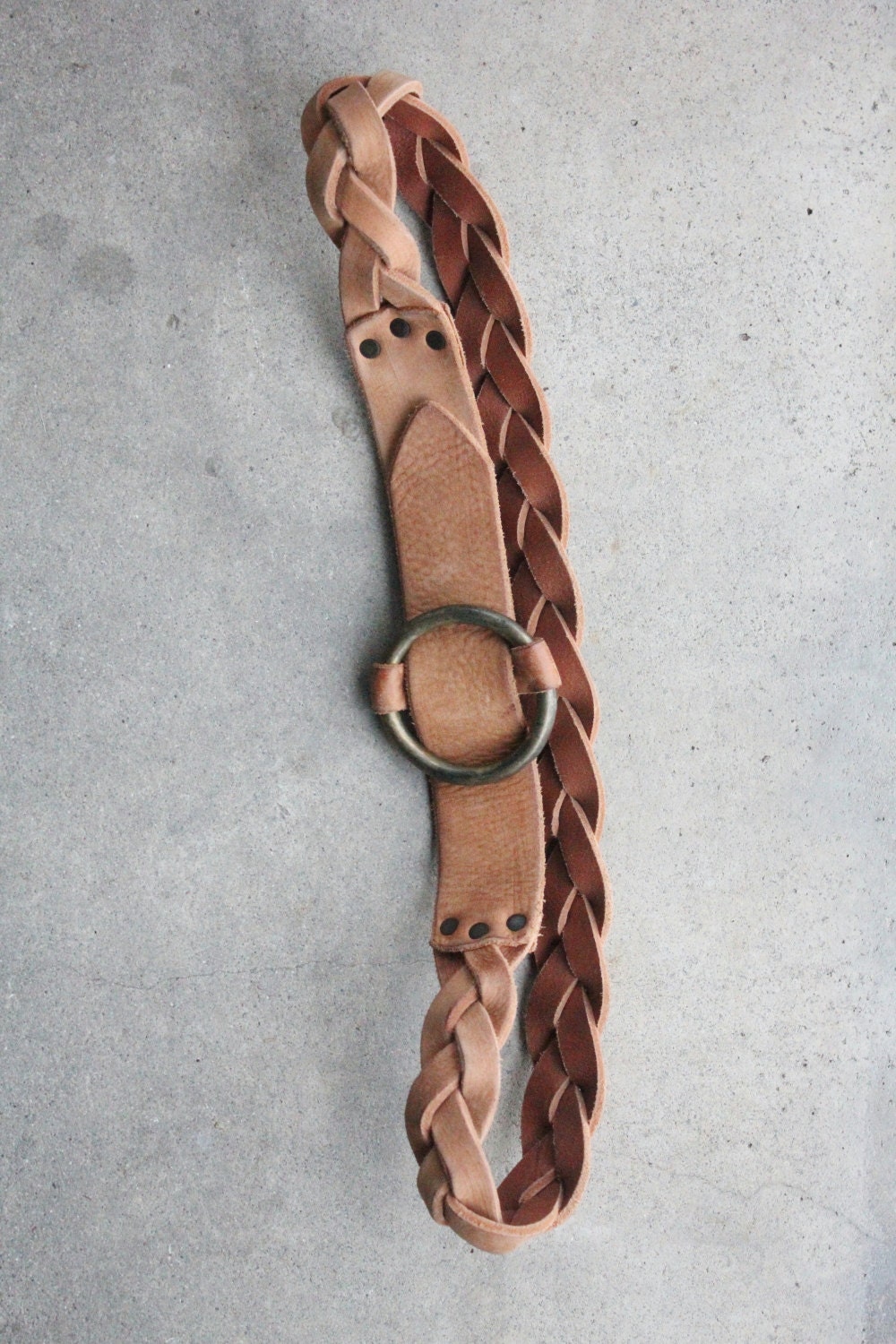 Vintage 70's Braided Leather Brass Ring Buckle Belt