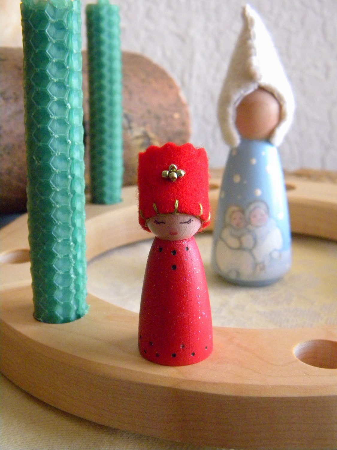 Peg Doll Birthday Ring Princess, December Birthday, Christmas, Holidays, Waldorf Toy, Girl Birthday, red, green, wood burned