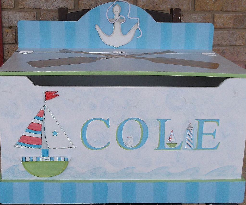 ChildrensTOY Chest TOY Box Sailboat Nautical  Beach Storage Bench Custom