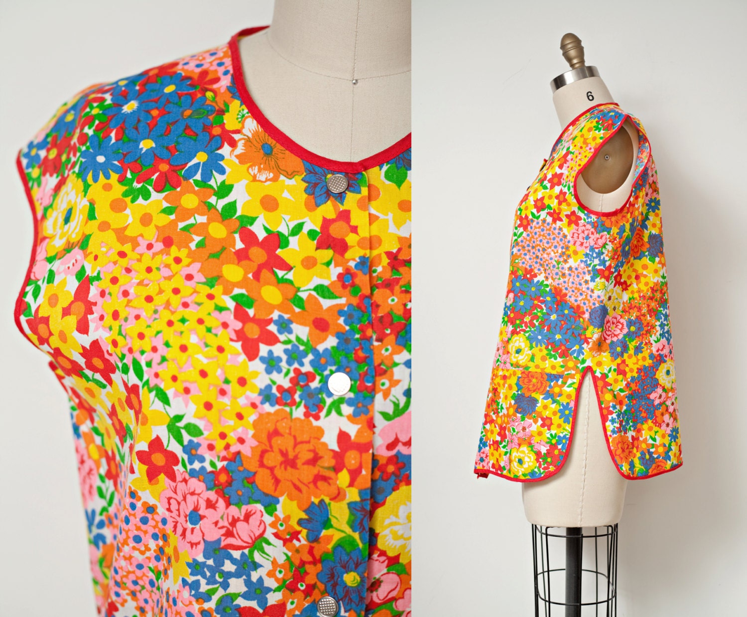 Vintage 70s Smock Blouse Top Colorful Floral Flower Cotton ONE SIZE / Free Shipping