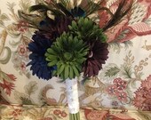 Silk Bridal Bouquet with Gerber Daisies and Peacock Feathers