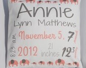 Welcome Baby Girl Birth Announcement Pillow  - 10" x 10" - Birth Stat, Baby Shower Gift, Photo Prop