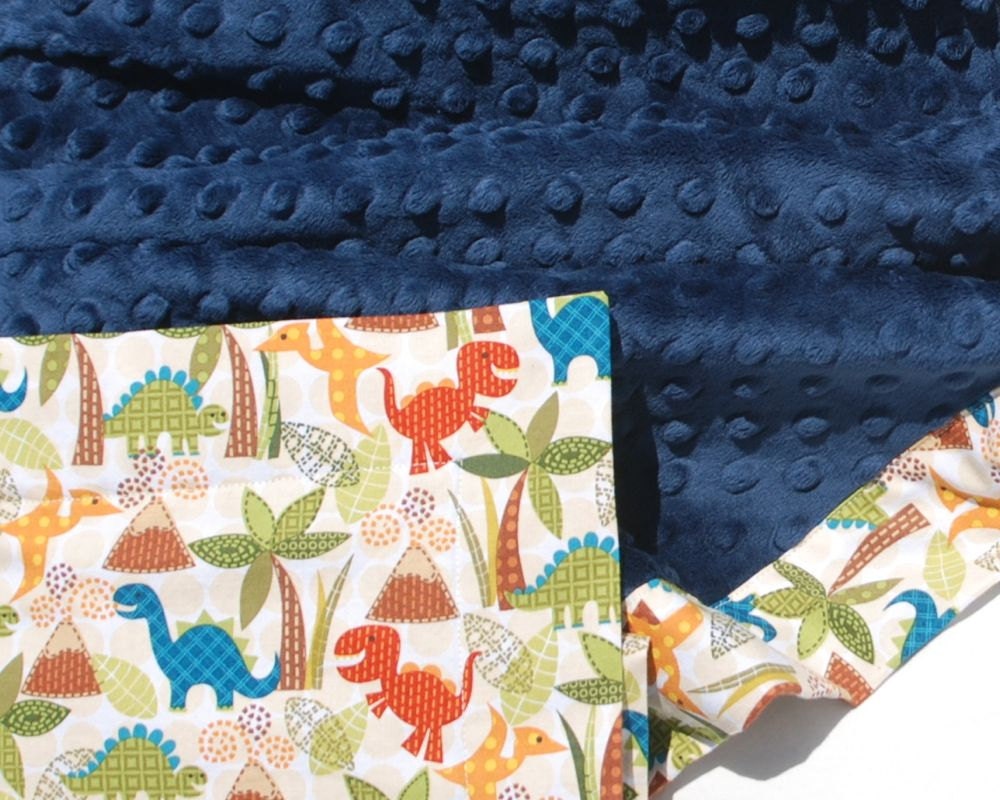 Dinosaur Baby Boy Blanket - Michael Miller Lil Dinos in Tan  with Navy Blue Minky for your Baby Boy - Ready to Ship