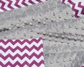 Minky Baby Blanket- Girl Chevron Blanket - Grape Purple Chevron with Silver Grey dimple dot minky - Small Chevron -Read