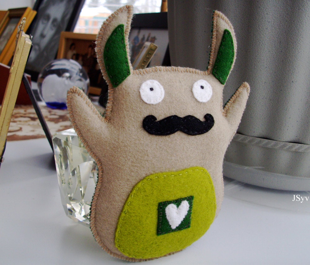 Tan Mustache Rabbit Toy made in USA Wool Felt Bunny Green Heart