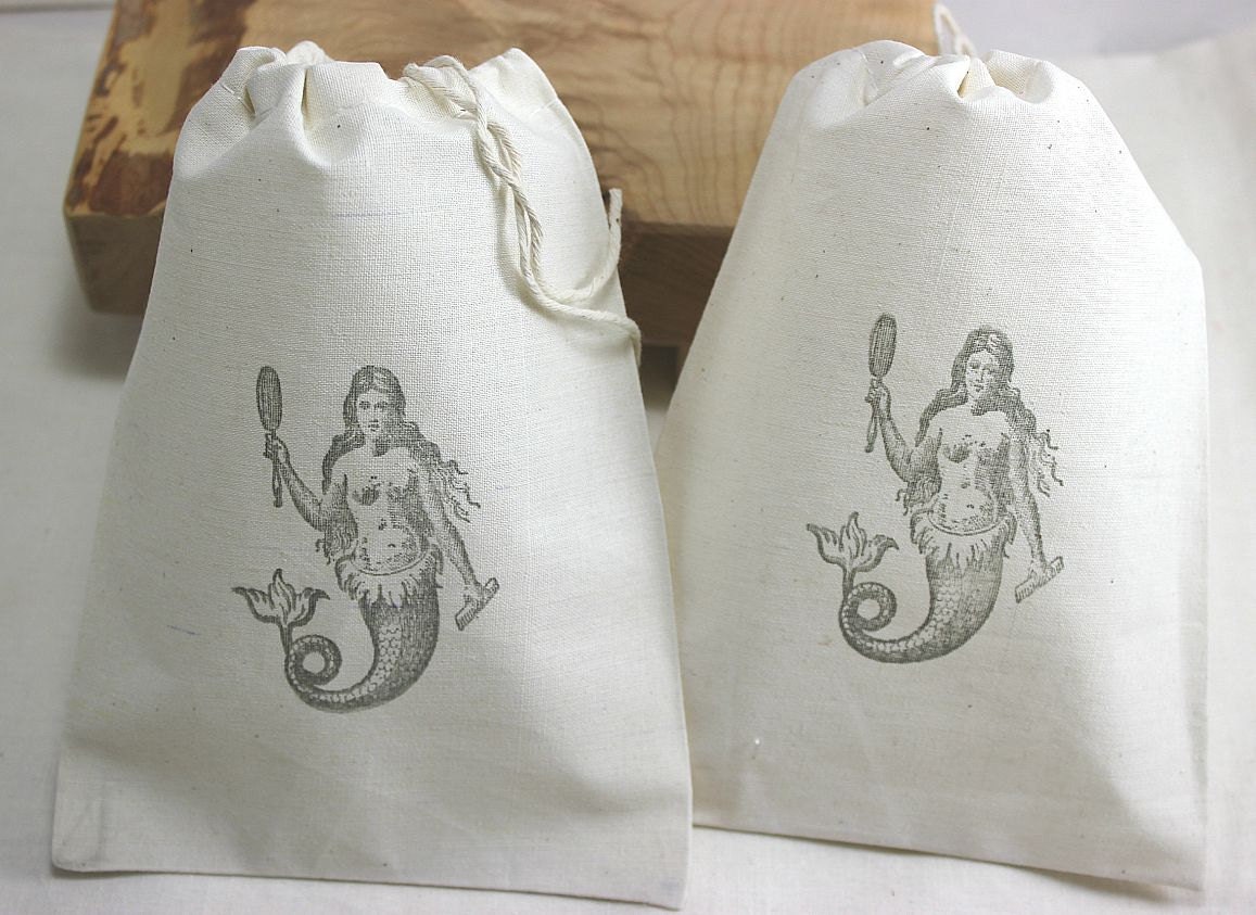 10 Gray Beach Mermaid Organic Muslin Favor Gift Bags - 5x7 Great for Weddings and Parties - You choose ink color Il_170x135